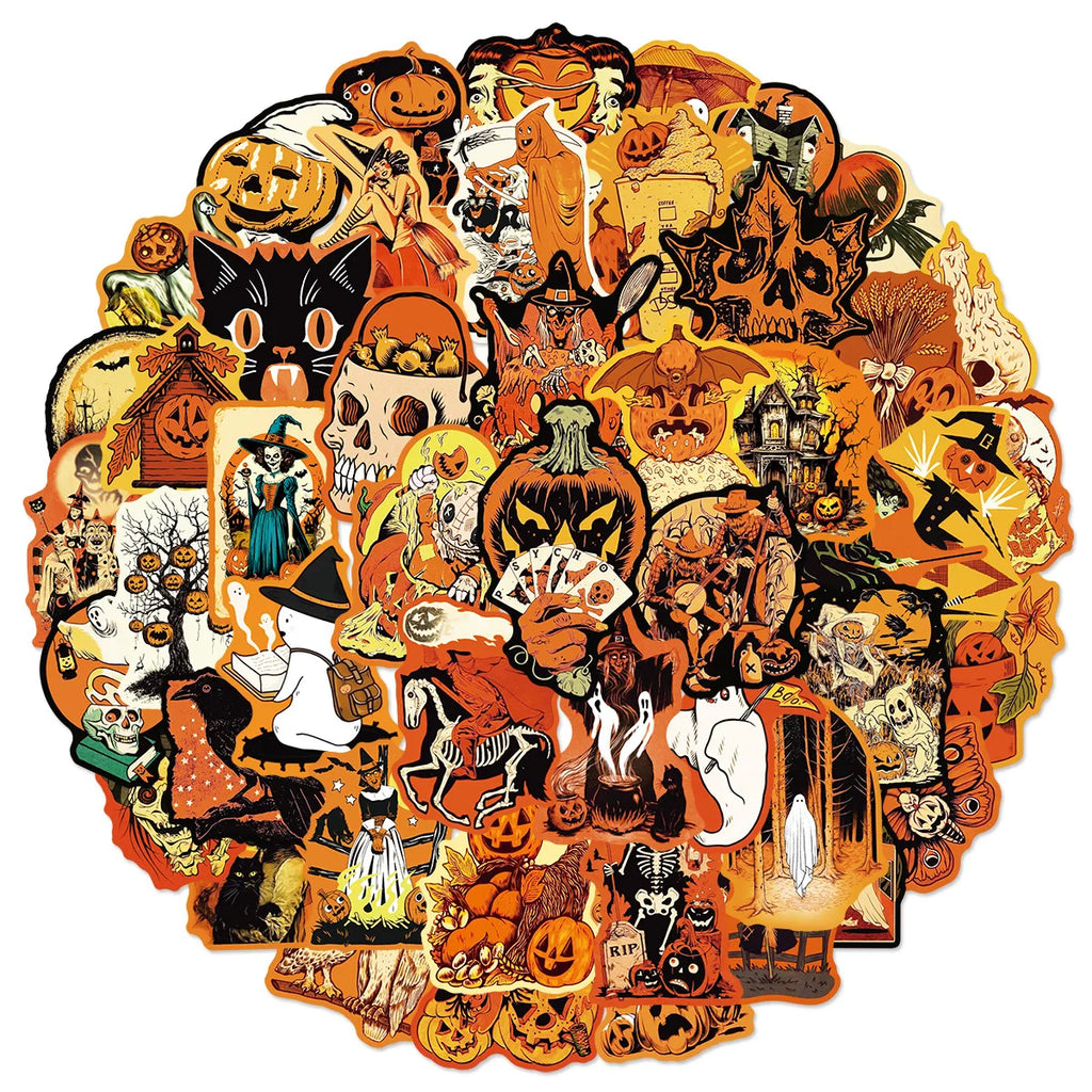 50PCS Retro Halloween Fun Graffiti Stickers Decorative Water Bottle Stationary Pumpkin Monster Waterproof Horror Stickers
