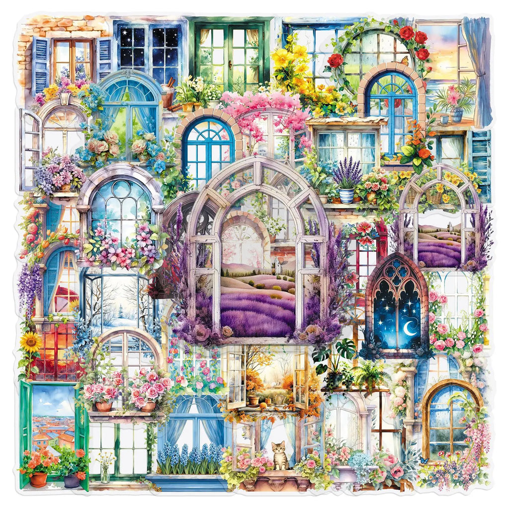 50PCS Transparent Window Flower PET Stickers, INS Forest Style Student Notebook Phone Case Waterproof Decorative Art Sticker