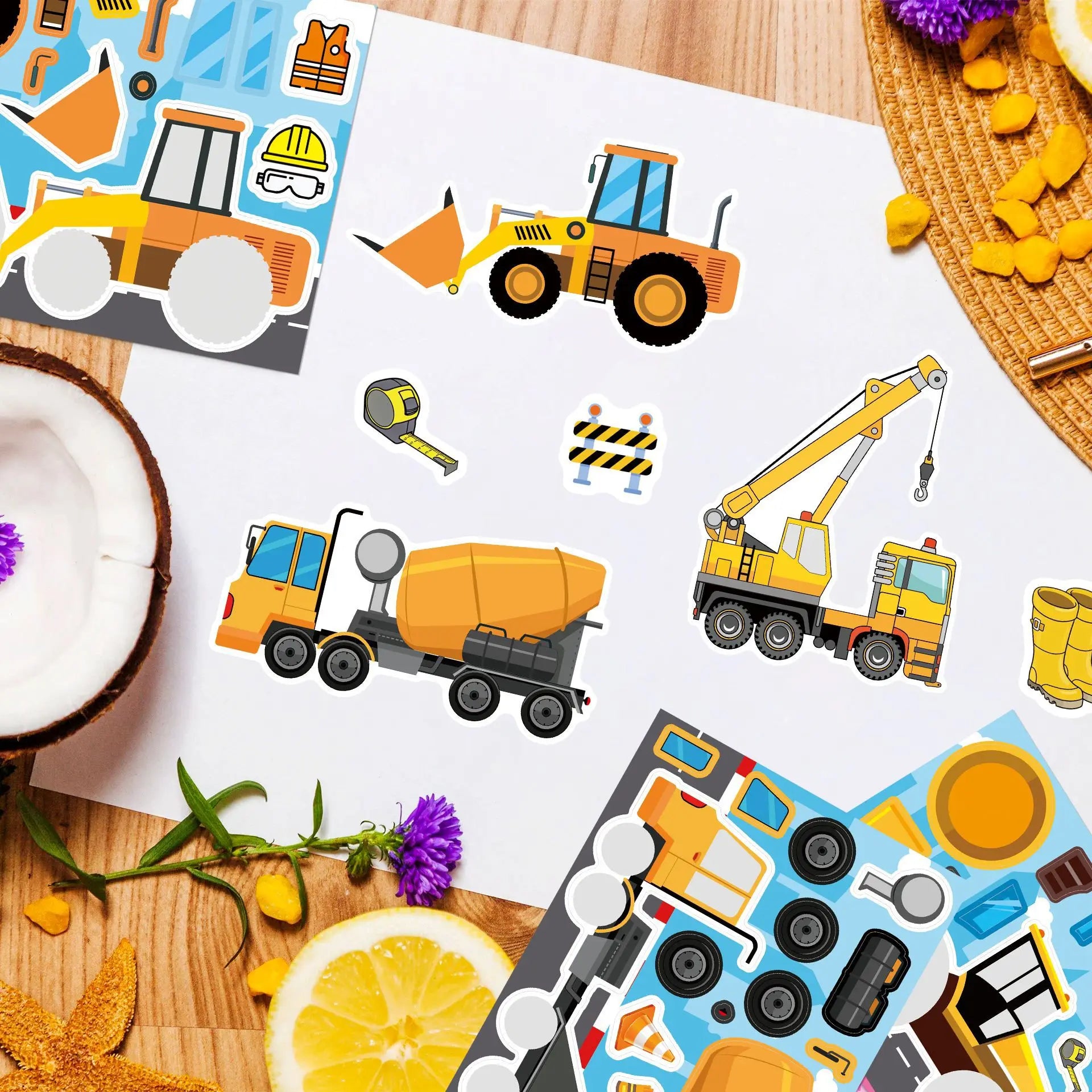 16PCS Cartoon Engineering Car Puzzle Stickers Luggage Make A Face Notebook Children Puzzle Stationery DIY Stic