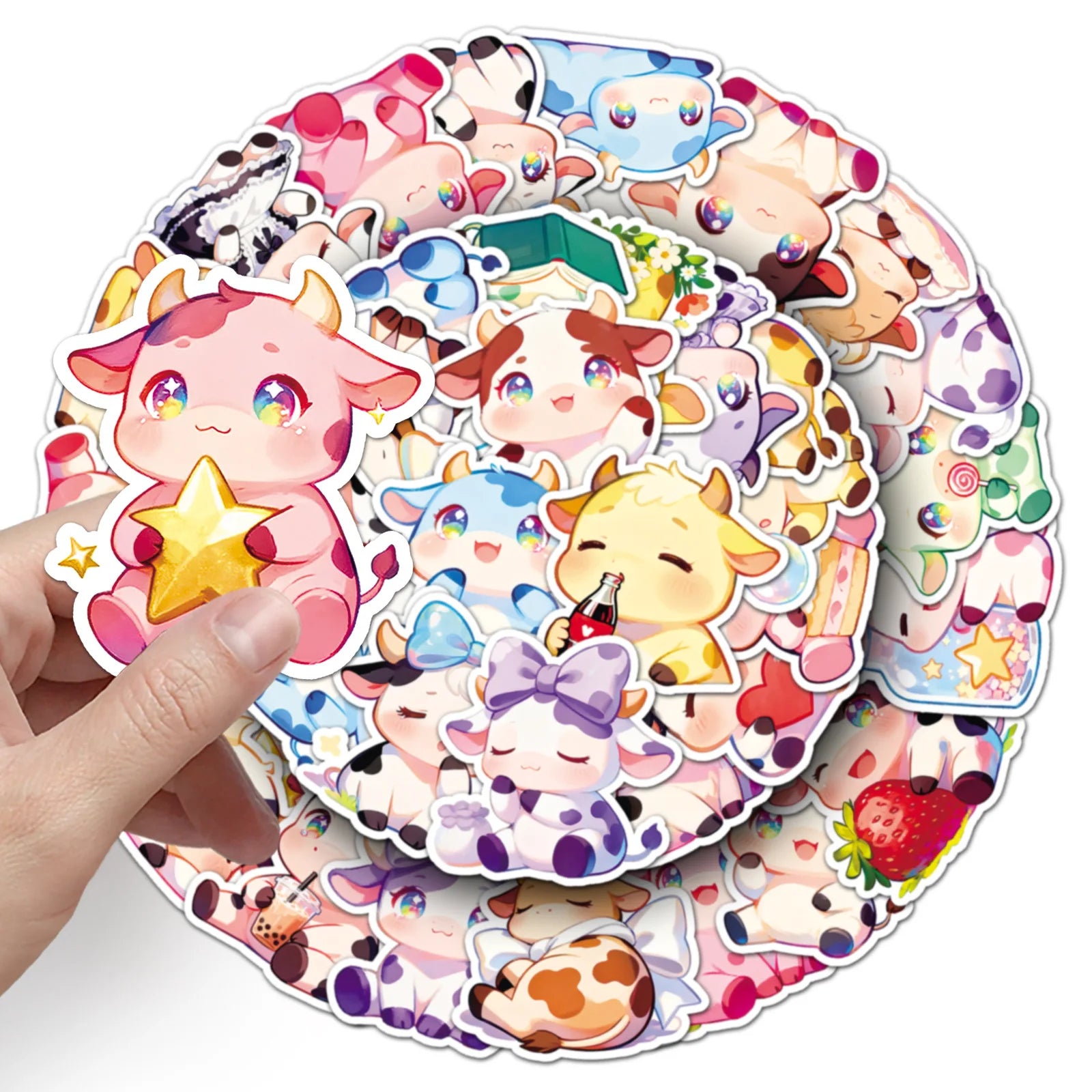 50-Pack Cute Colorful Cow Cartoon Animal Sticker Waterproof DIY Decor Stickers for Phone Case Insulated Mug Student Stationery