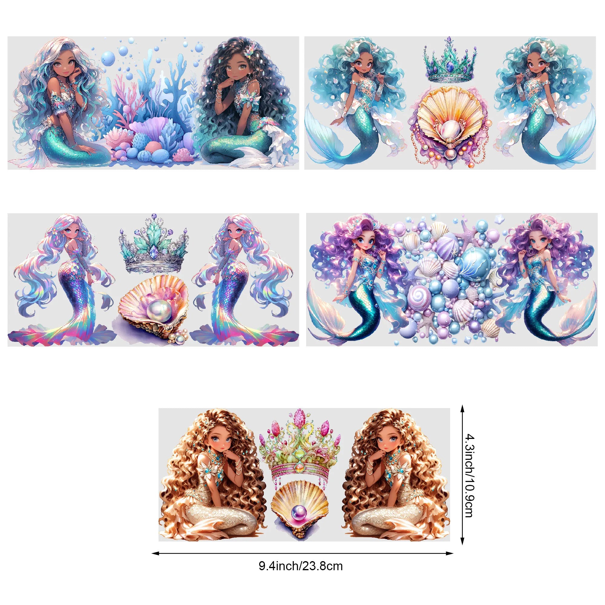 5 Sheets Mermaid UV DTF Glass Cup Wrap Transfer Stickers, DTF Transfer Stickers, Waterproof Wipe-Off Transfer Stickers