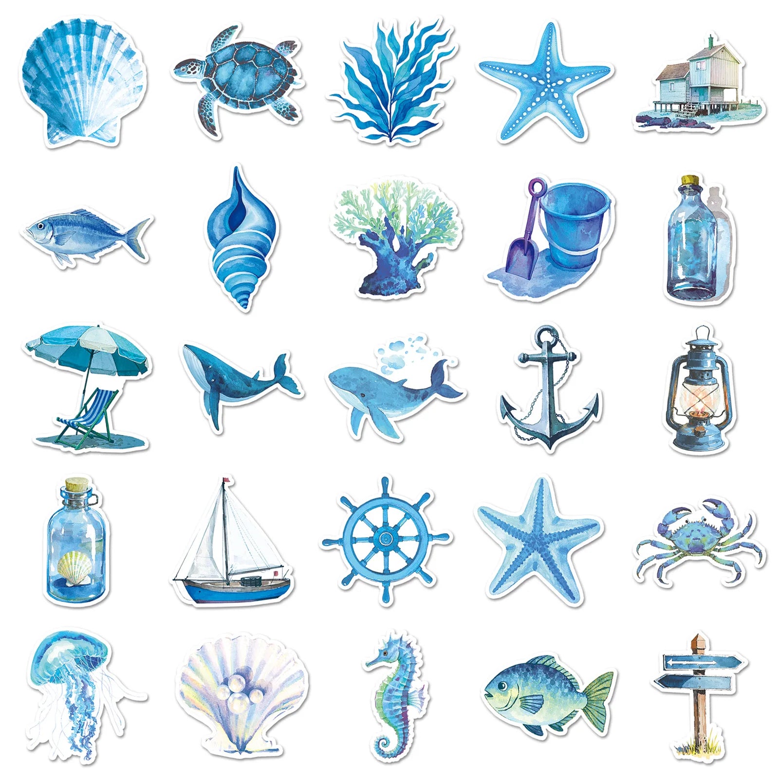 50-Pack Watercolor Blue Ocean Doodle Stickers Cartoon Decor for Phone Tablet Water Cup Guitar Luggage Notebook Fridge