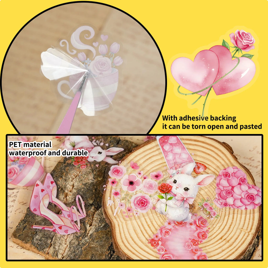 56/112PCS Pink Valentine's Day Cartoon Stickers Transparent PET High Beauty Festival Decorative Stickers