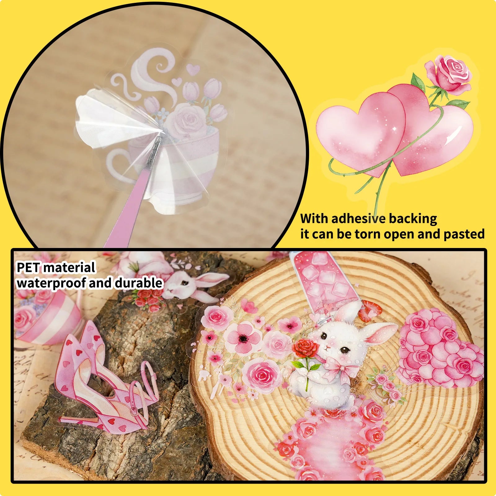 56/112PCS Pink Valentine's Day Cartoon Stickers Transparent PET High Beauty Festival Decorative Stickers