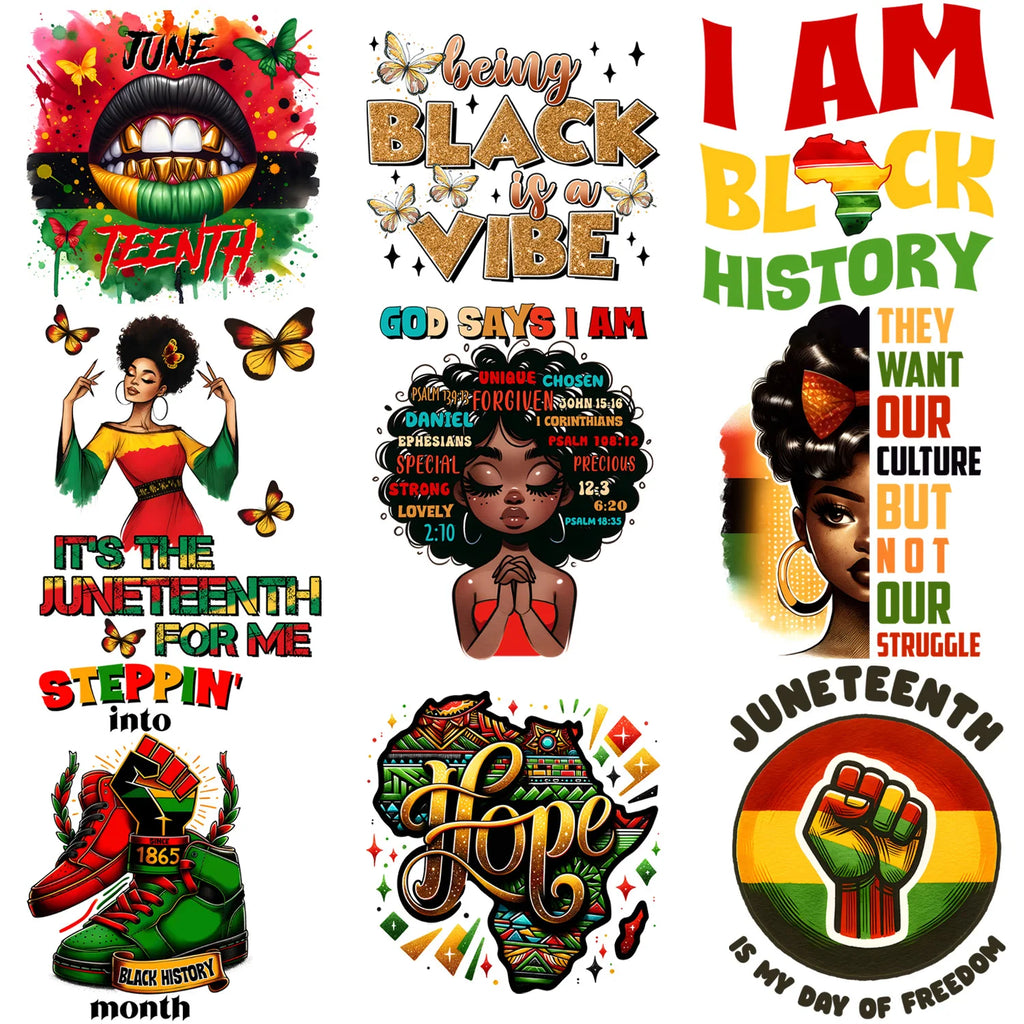 9 Sheets Black Queen Themed Iron-On Decals T-Shirt Heat Transfers for DIY, Juneteenth, Apparel, T-shirts, Masks, Jeans, Backpack