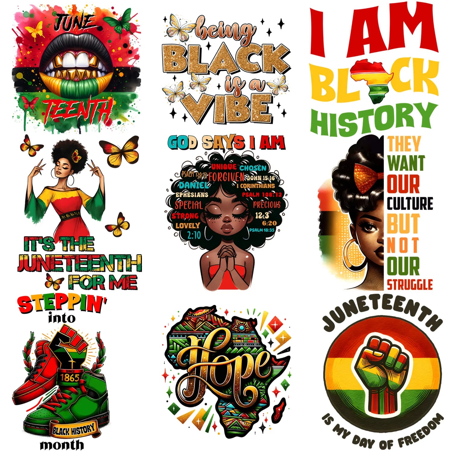 9 Sheets Black Queen Themed Iron-On Decals T-Shirt Heat Transfers for DIY, Juneteenth, Apparel, T-shirts, Masks, Jeans, Backpack