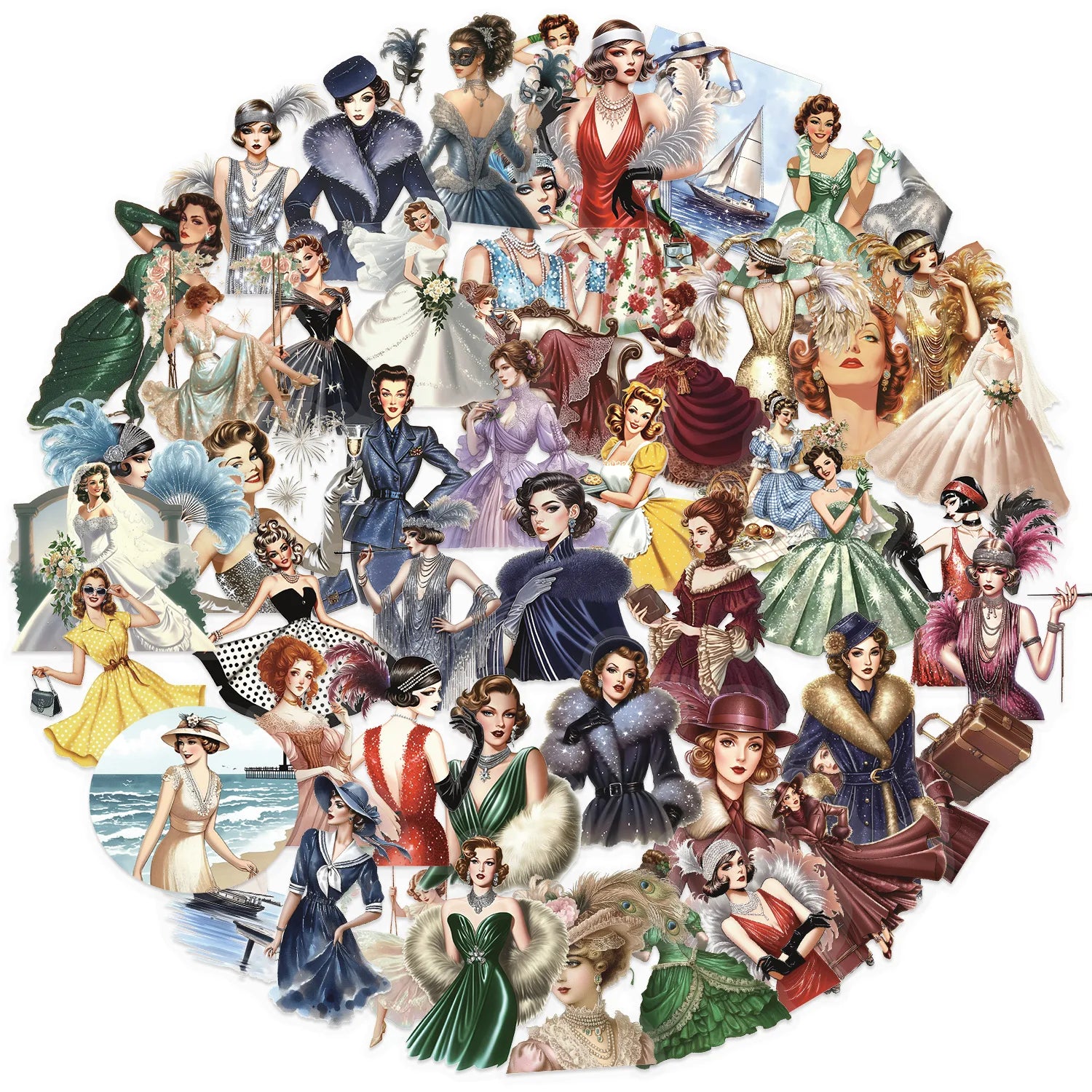 50/100PCS Cartoon Vintage Girl Sticker Bag Waterproof Transparent PET Notebook Decoration Guitar Notebook