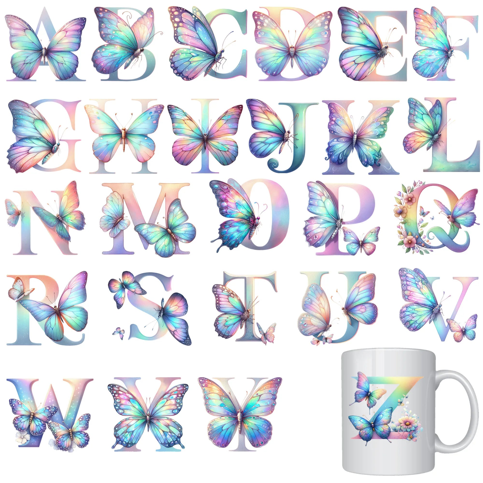 26 sheets Alphabet Flowers A - Z Design UV DTF Transfer Sticker Decals for Office and Home 16oz Alphabet Waterproof Stickers