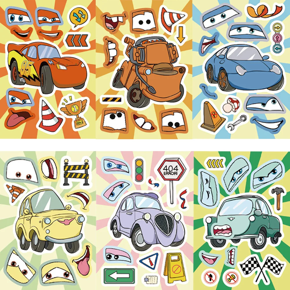 8 Pcs Cartoon Racing Cars, Engineering Cars Make a Face Stickers, DIY Handmade Account, Notebook Decoration Stickers