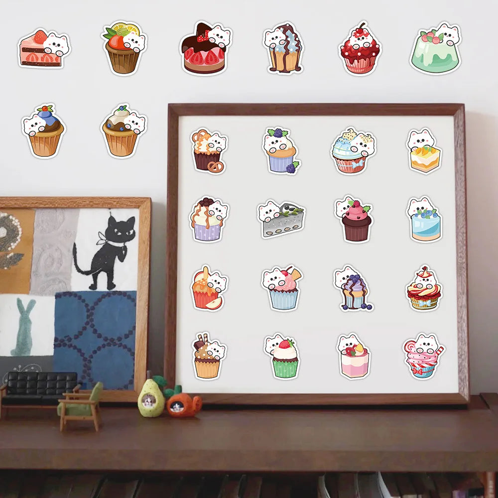 50-Pack Cute Cat Cake Cartoon Stickers Notebook Journal Water Cup Stationery Decoration Sticker