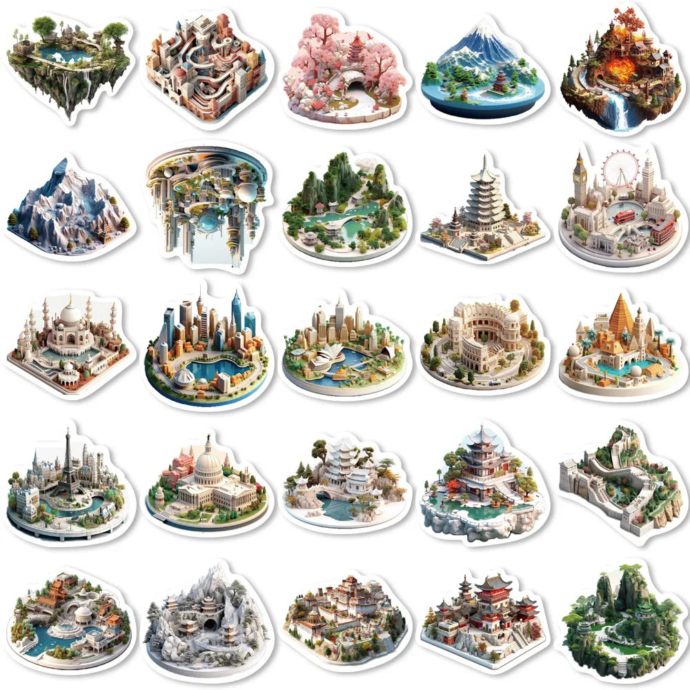 50PCS Creative 3D Small World Micro Landscape Stickers for Mobile, Computer, Tablet, Waterproof Stationery System Stickers