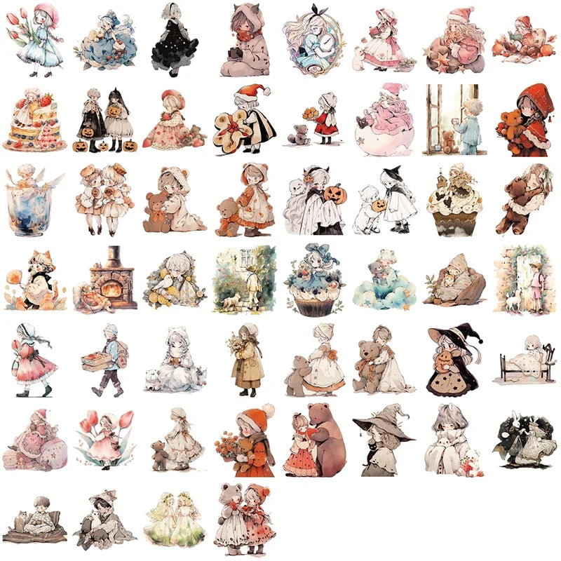 52PCS Cute Watercolor Fairy Tale PET Sticky Sticker Aesthetic Tear Open DIY Decoration Scrapbooking Sketchbook Supplies for Kids