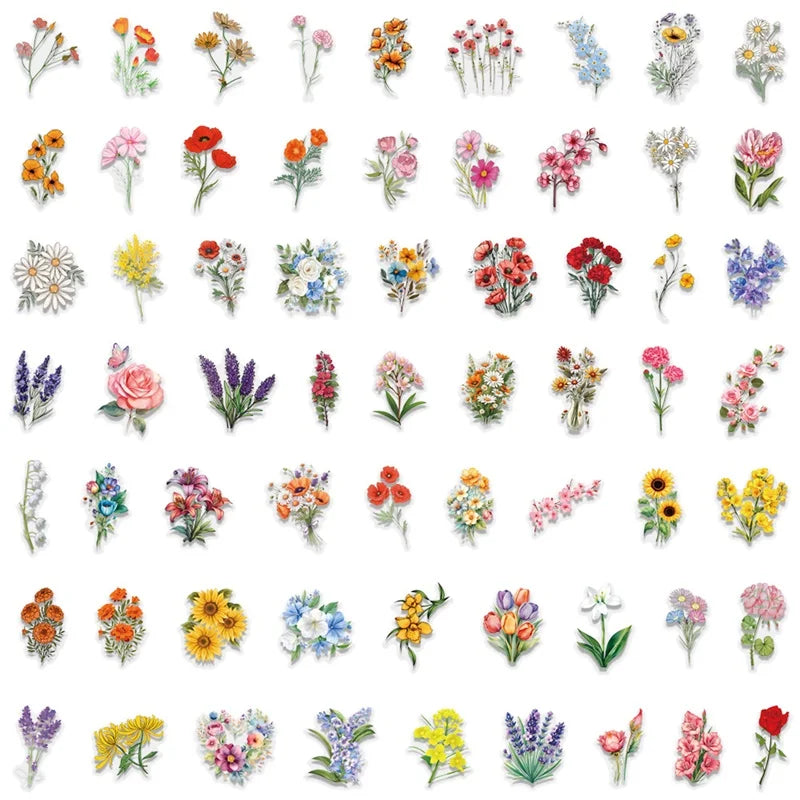 60PCS Kawaii Small Flower PET Sticky Sticker Aesthetic Tear Open DIY Decoration Scrapbooking School Supplies for Kids