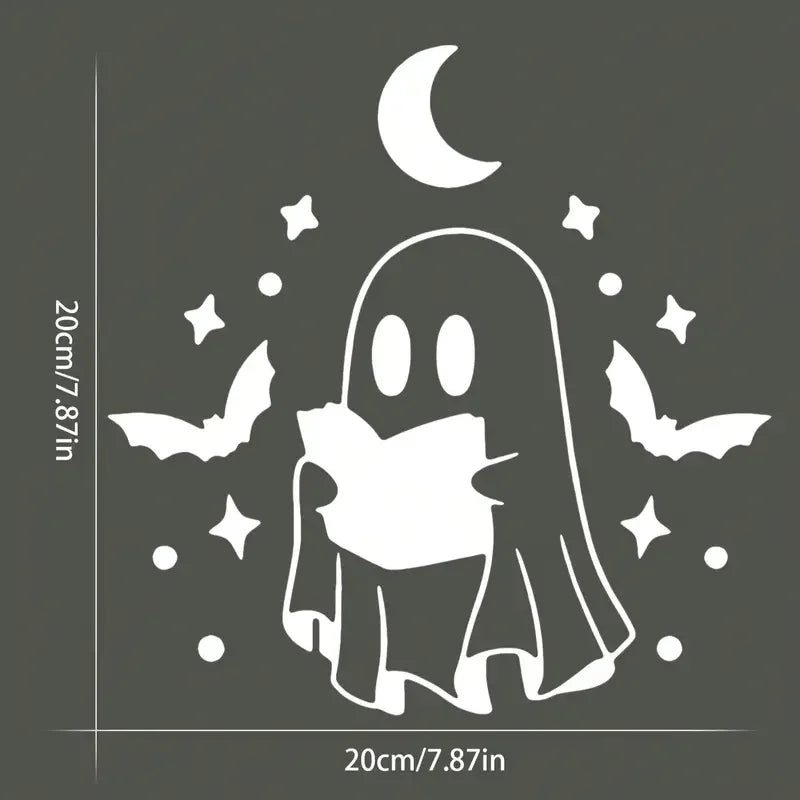 Polyvinyl Chloride Ghost Reading Book Decal - Spooky Bat and Stars Car Window and Laptop Sticker, Halloween Themed Ghost Holding