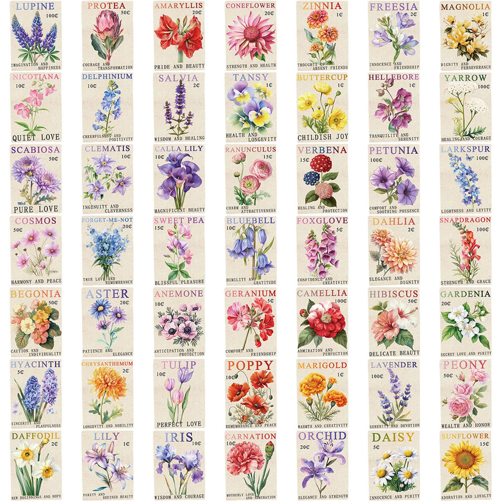 50/100PCS Cartoon Retro Stamps Flower/Marine Aesthetics DIY Waterproof Stickers For Decor Guitar Notebook Luggage Stationary