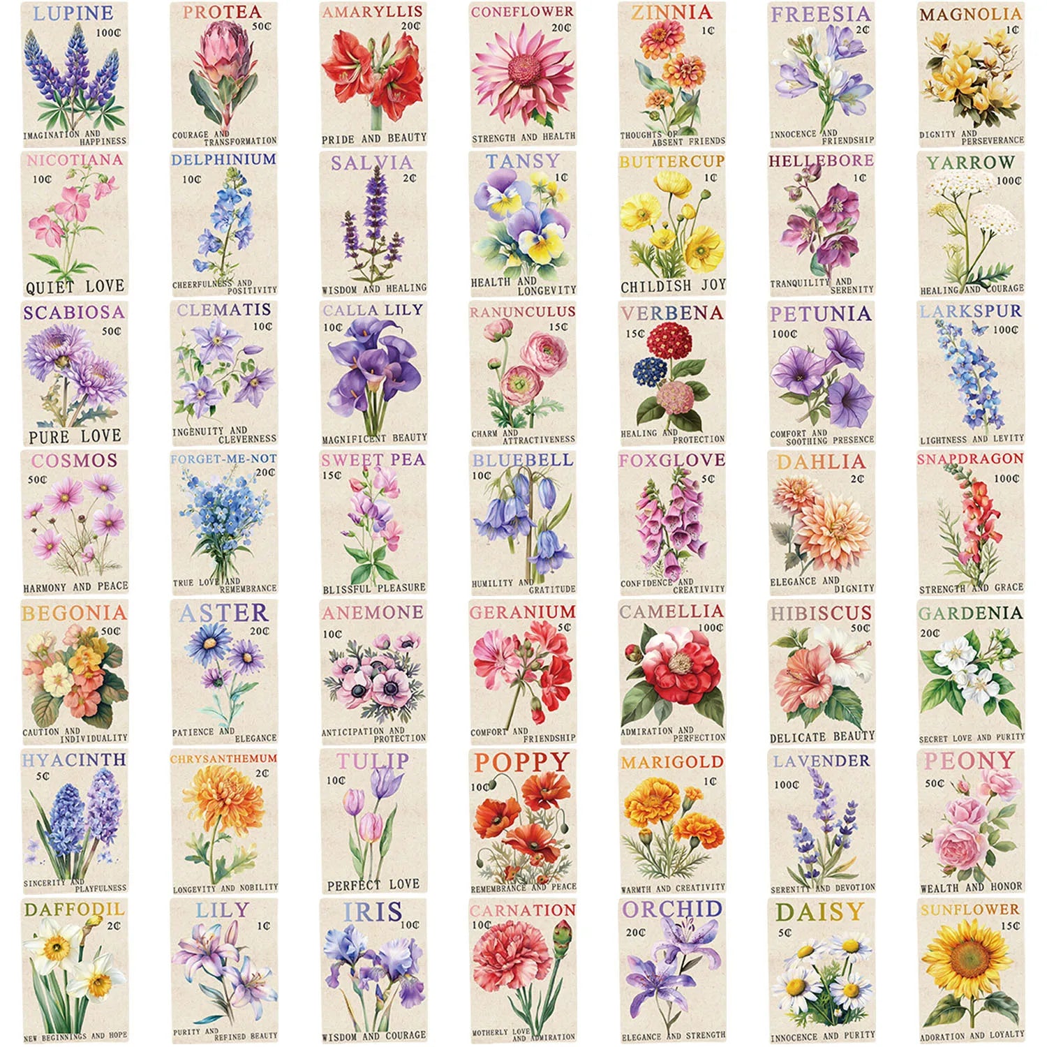 50/100PCS Cartoon Retro Stamps Flower/Marine Aesthetics DIY Waterproof Stickers For Decor Guitar Notebook Luggage Stationary