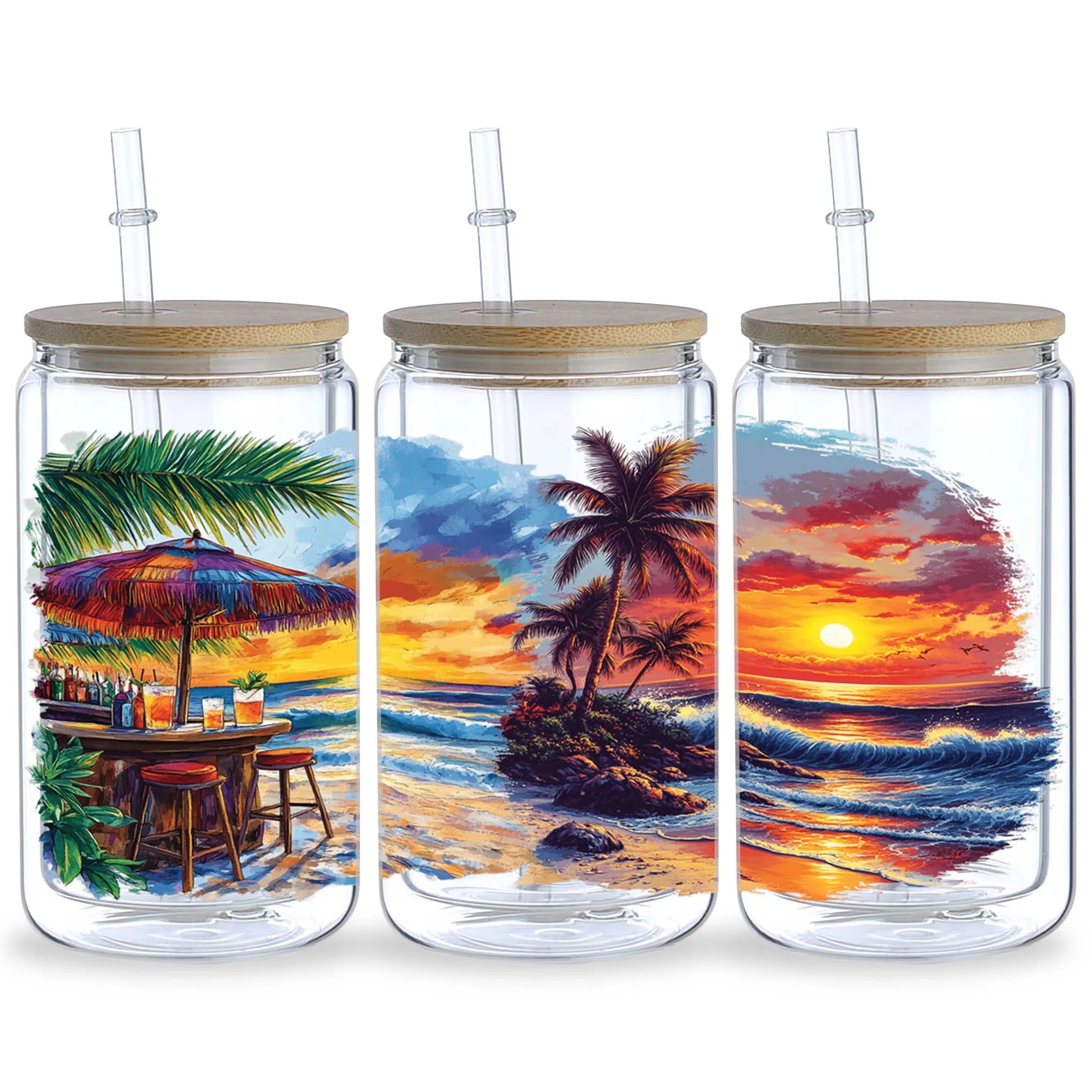 5 Sheets Sunset UV DTF Cup Stickers, DTF Transfer Stickers, Waterproof Beach Wipe-Off Transfer Paper for 16oz Glass, Mugs, Craft