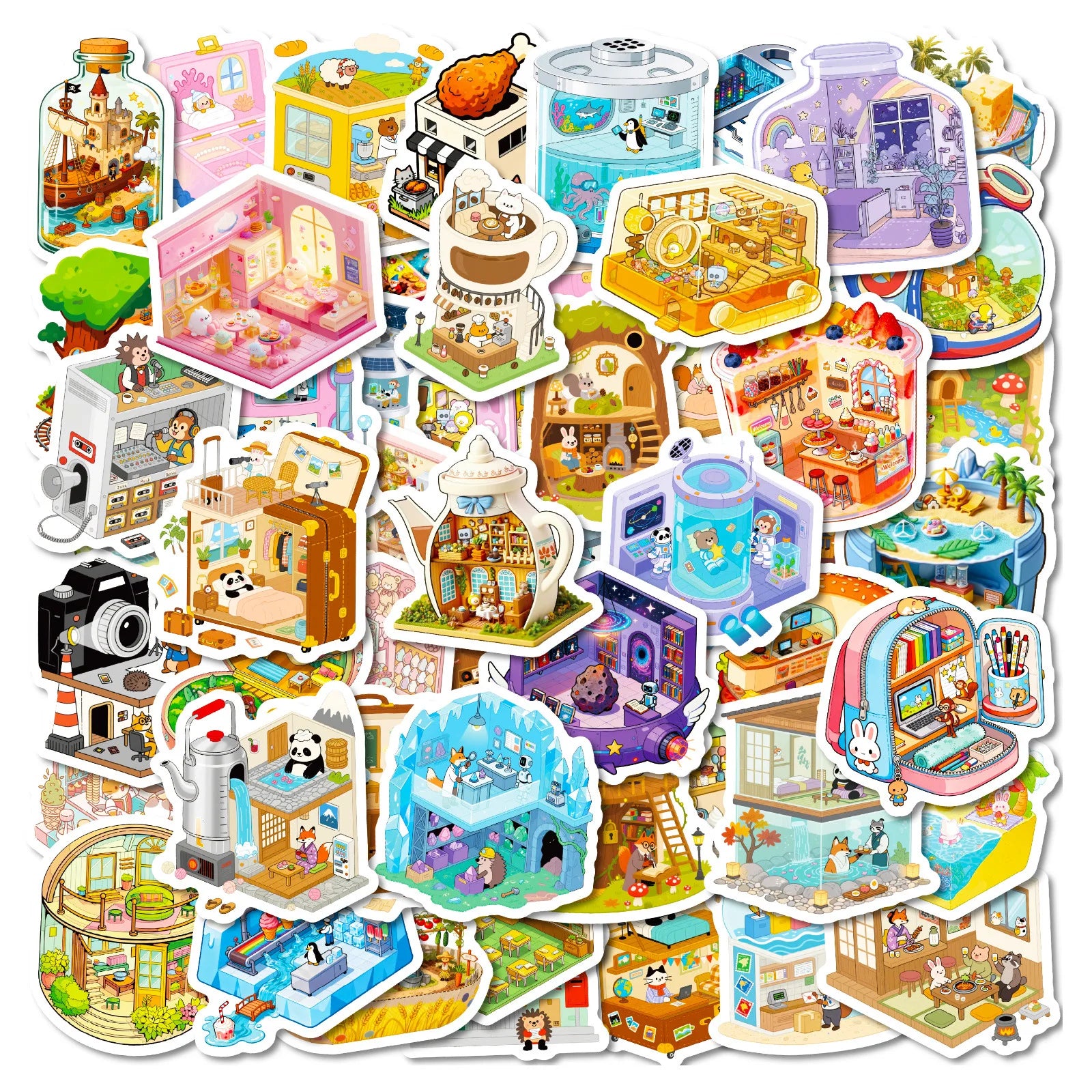 56/112PCS Cartoon 3D Multi Theme Hut 3D Scene Stickers Decorative Stationery Notebook Waterproof Reward Stickers