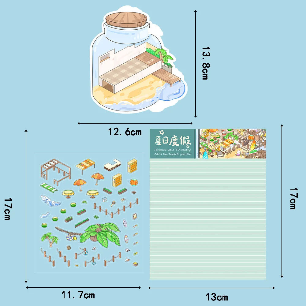 3PCS Summer vacation Landscaping Sticker Nostalgia Laptop DIY Graffiti Coffee Creative Decompression Puzzle Stickers PET Kit