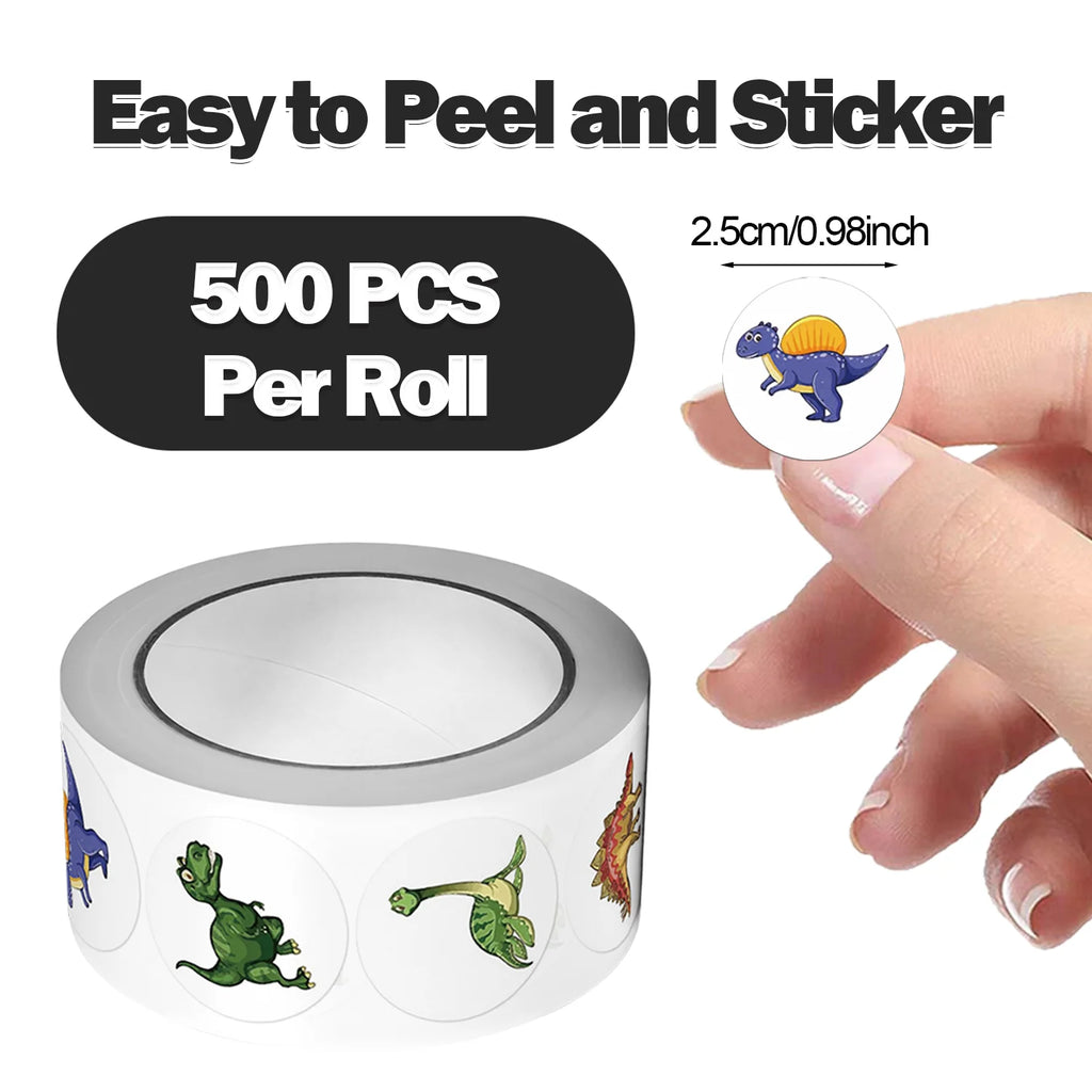 1Roll(500pcs) 1'' Round Cartoon Dinosaurs Stickers for Kids Teacher Reward School Supplies Animal Incentive Home Decor
