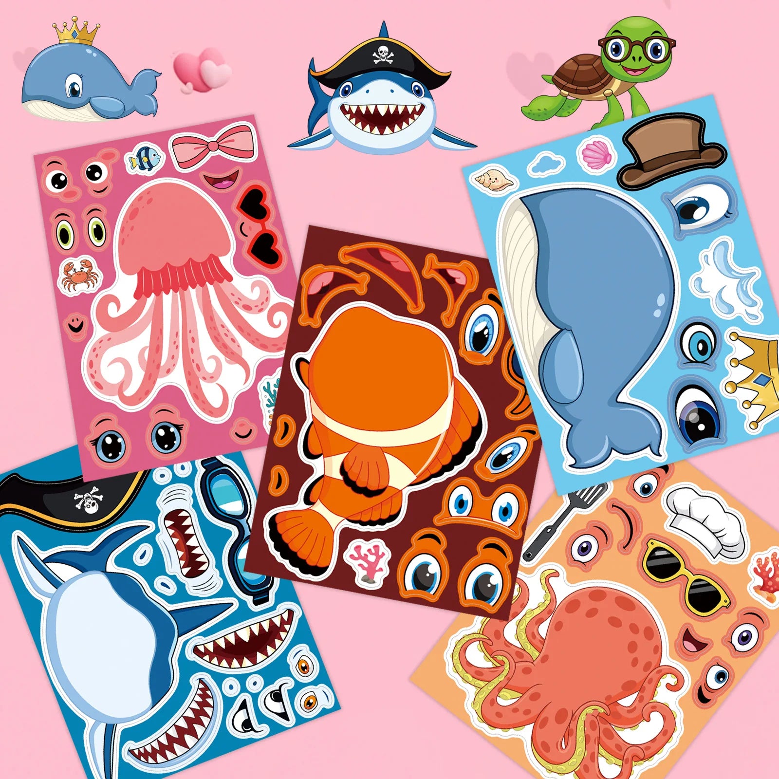8PCS Cute Animal Cat Dolphin Octopus Cartoon Car Face Changing Stickers Stationery Notebook Decor DIY Children's Puzzle Sticker