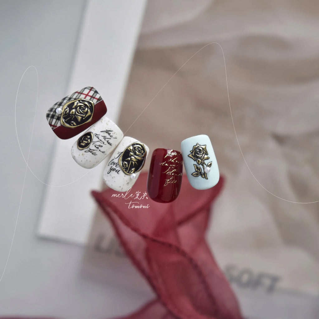 Retro Rose Flowers Nail Art Stickers Luxury Gilt-gold Metal Nail Stickers Back Adhesice Seal Rose Nails Decorations Decals DIY
