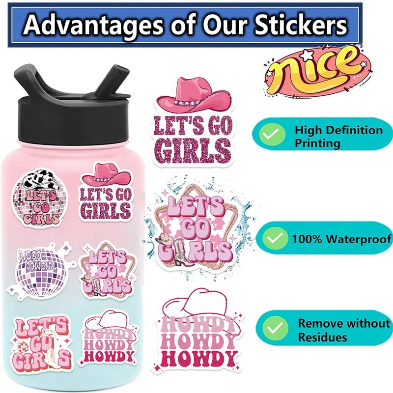10/30/50PCS Cute Girl Cowboy Sticky PVC Sticker Aesthetic Stationery Pink DIY Decoration Scrapbooking School Supplies for Kids