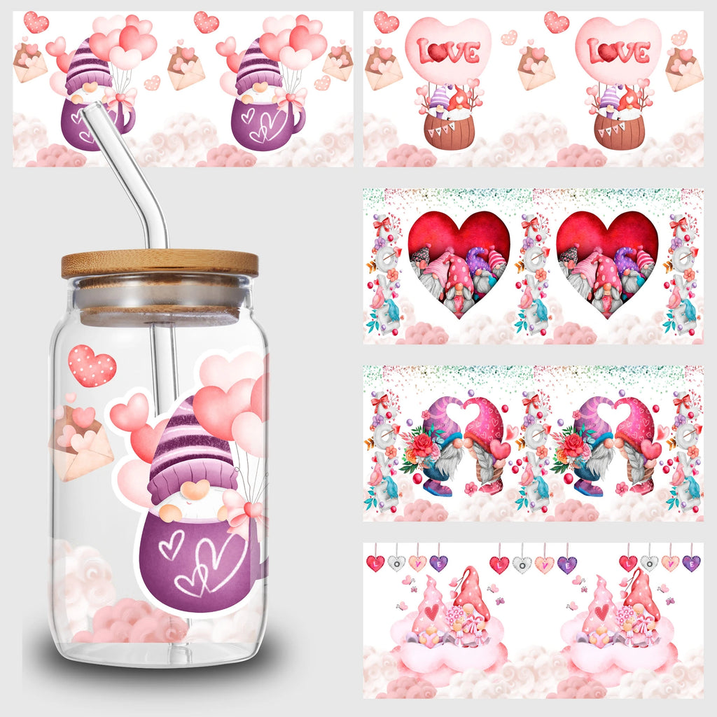 5 sheets Valentine's Day UV DTF Cup Stickers, DTF Friction Transfer Stickers, Waterproof Transfer Stickers for 16oz Glass Cups