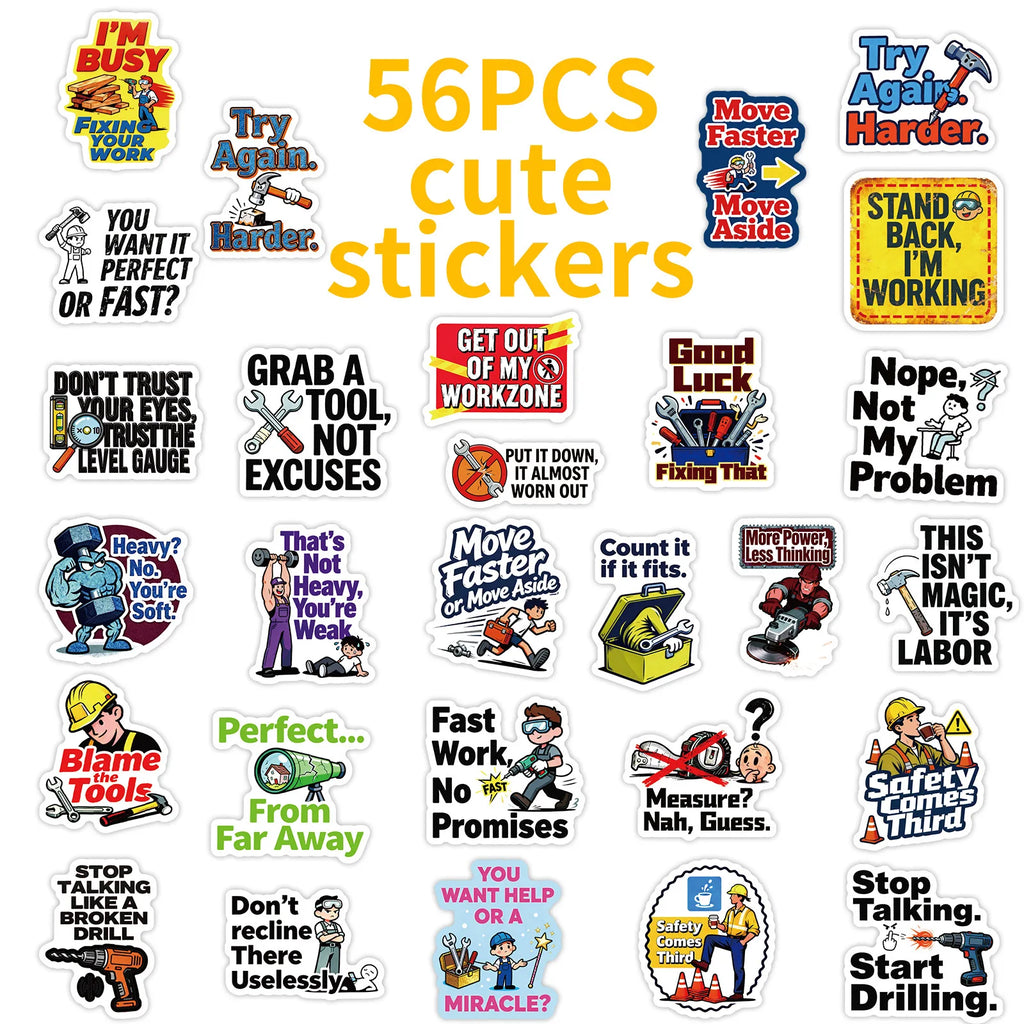 56PCS Construction Site Fun Quote Stickers, Safety Humor Decals Student Notebook Fridge Creative Aesthetic Decal Sticker