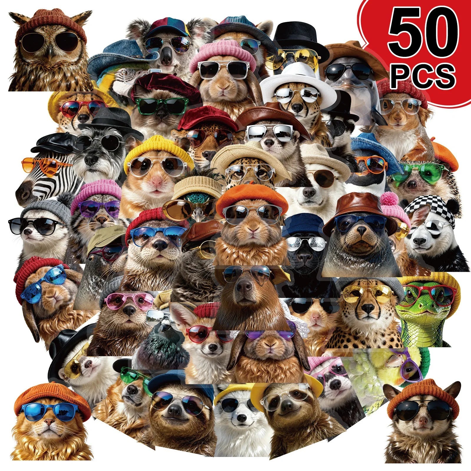 50-Pack Animal Emotion Stickers Waterproof Transparent PET Decals Stickers for Guitar Skateboard Luggage Journal Stationery