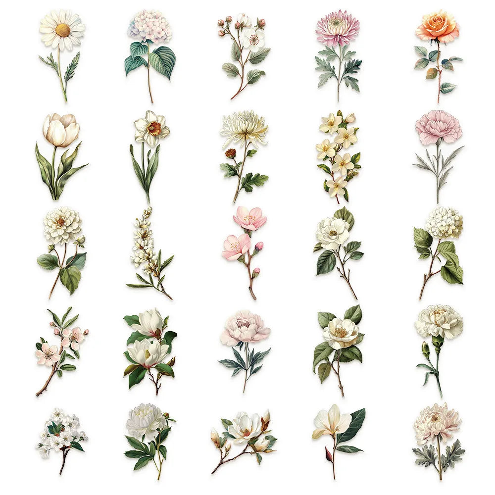 Variety of 50PCS Retro Long Branch Flower Stickers Transparent Waterproof DIY Stationary Notebook Art Stickers