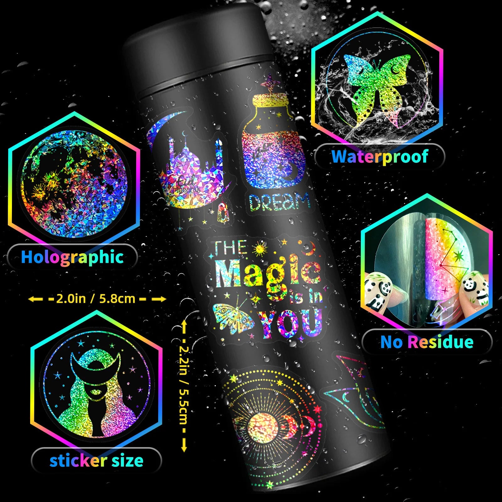 100 PCS Colorful Laser Magic PET Stickers Aesthetic for DIY Guitar Scrapbooking Suitcase Water Bottle Phone Laptop Skateboard