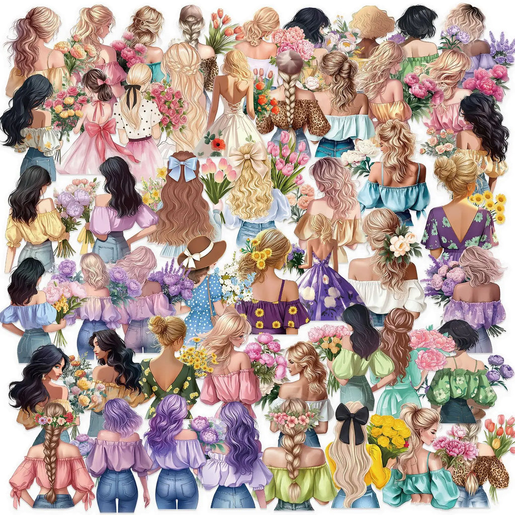 50/100PCS Waterproof Transparent PET Colorful Beautiful Flower Girl Sticker Pack - Decor Helmet Notebook Stationery Laptop