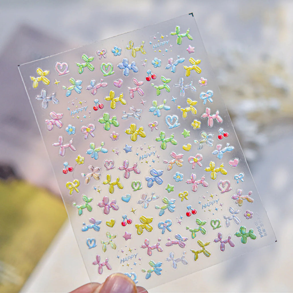 Sweet Puppy Dog Happy Day Cute Cherry star Rich Pink Love Heart Pretty Bowknot 5DNail Art Sticker Self Adhesive Manicure Decal