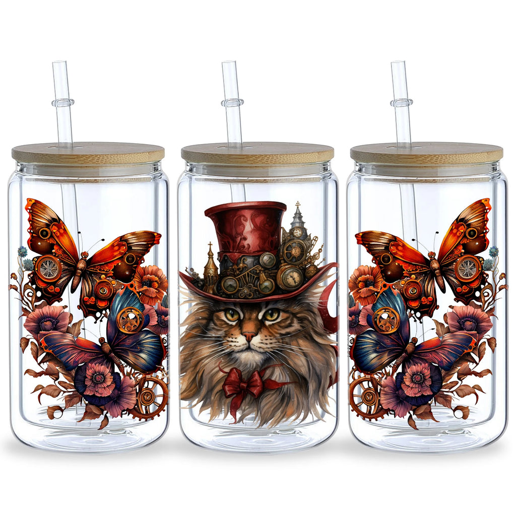 5 sheets Steampunk UV DTF Cup Stickers, DTF Friction Transfer Stickers, Waterproof Cartoon Transfer Stickers for 16oz Glass Cups