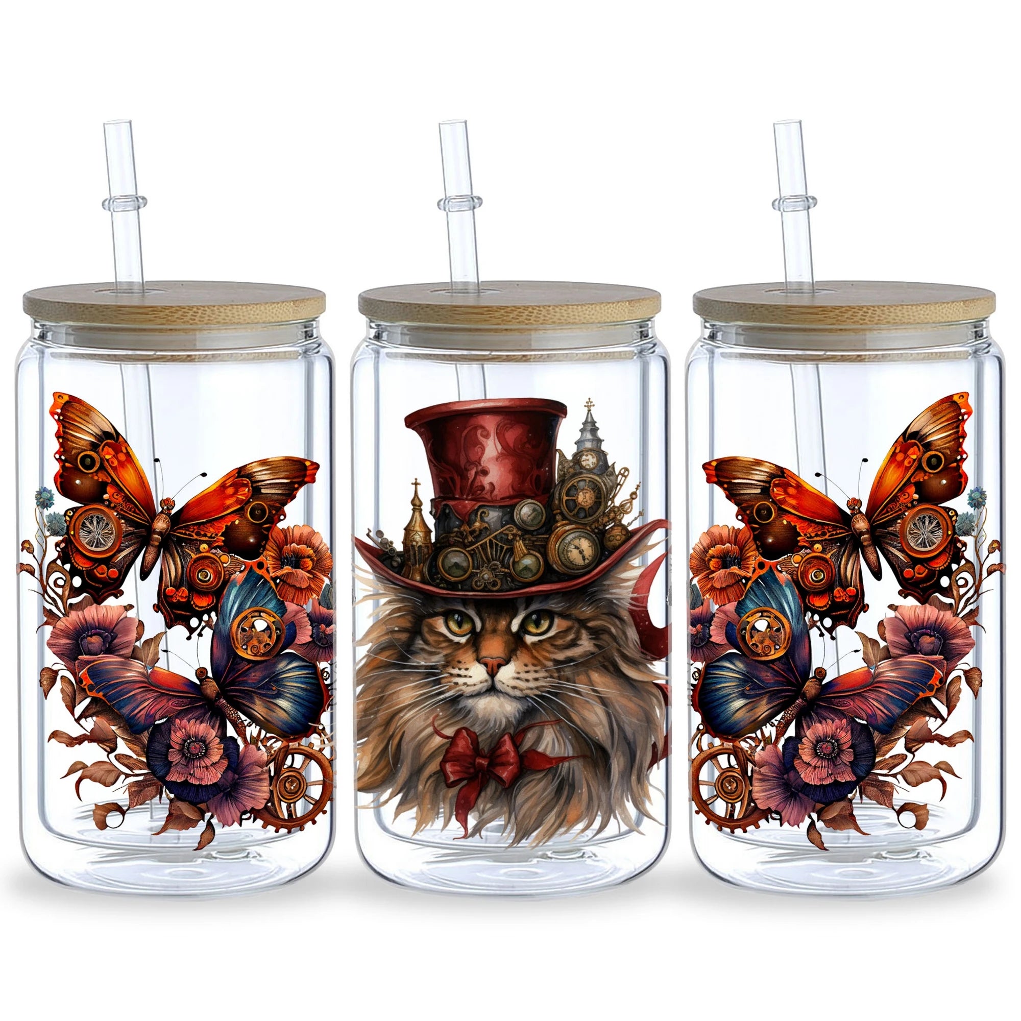 5 sheets Steampunk UV DTF Cup Stickers, DTF Friction Transfer Stickers, Waterproof Cartoon Transfer Stickers for 16oz Glass Cups