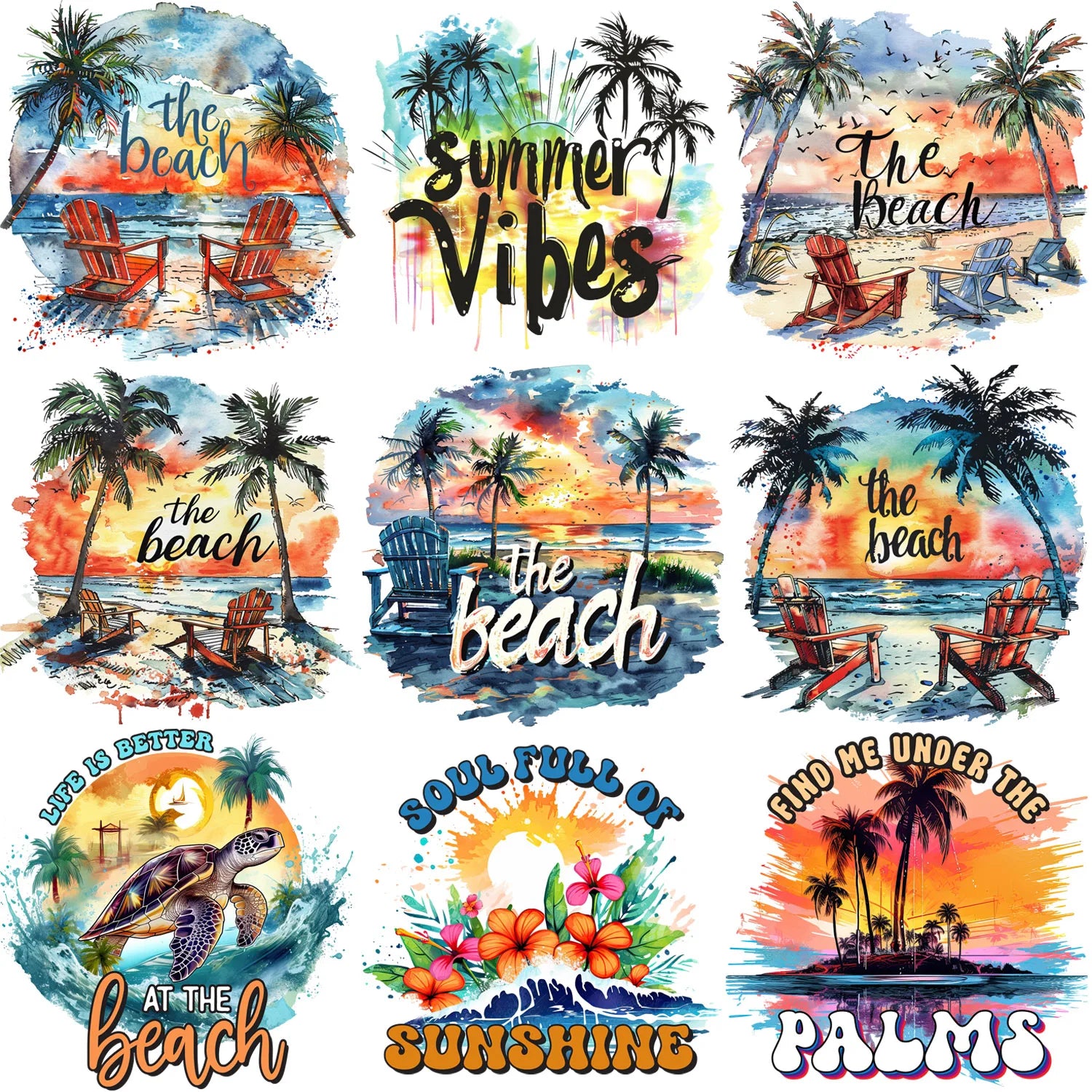 9 sheets Summer Beach Sunset Series DIY Theme Iron-on Applique Patches Colorful Theme Heat Transfer DIY Clothing, T-shirts