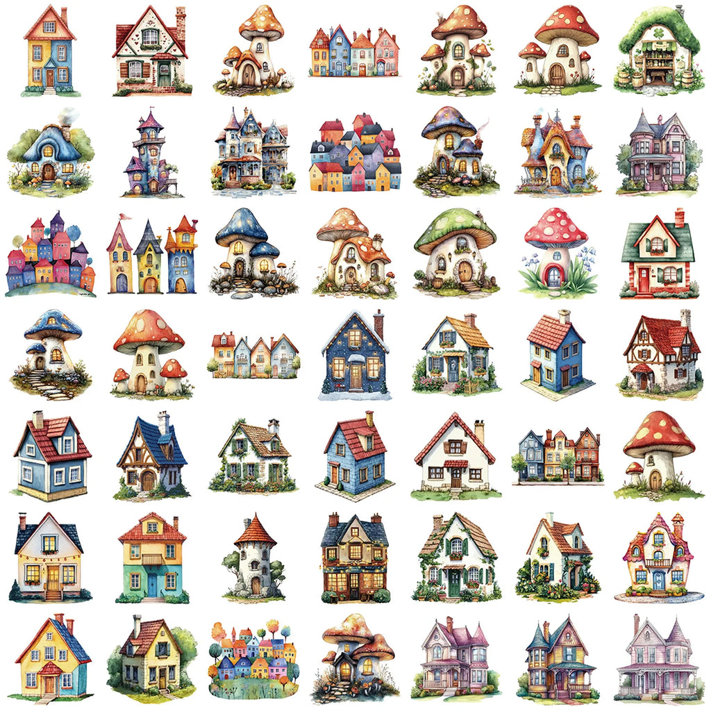50 PCS Transparent PET Fairy Tale Castle Stickers Waterproof Stationery Cartoon House Decorative Guitar Stickers