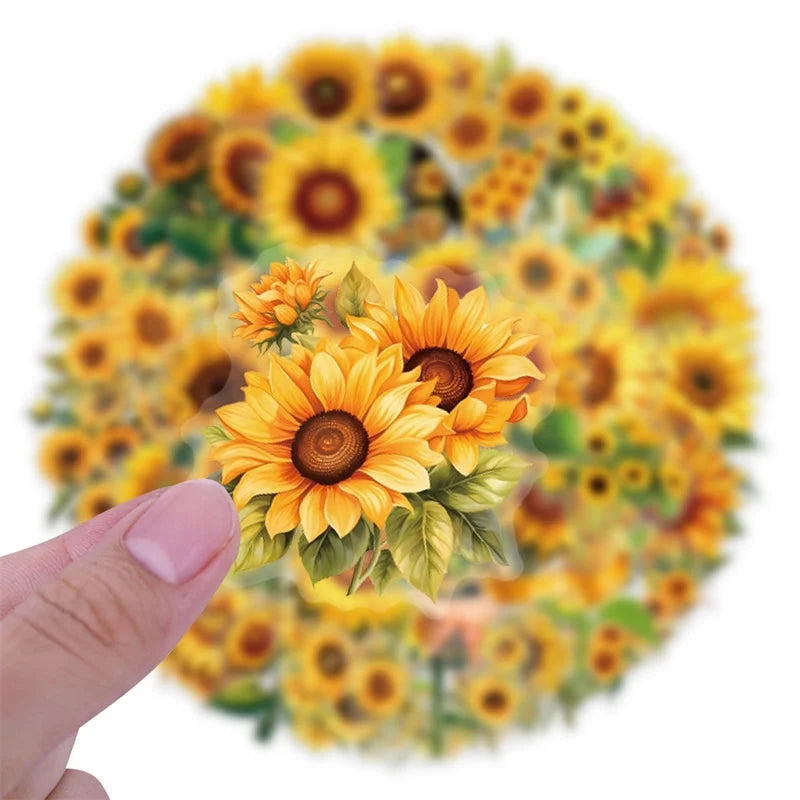 60PCS Kawaii Colored Sunflower PET Sticky Sticker Aesthetic Tear Open DIY Decoration Scrapbooking School Supplies for Kids