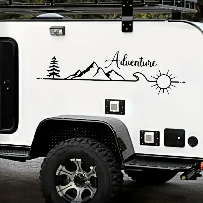 Adventure Series RV Car Sticker - Tree Mountain Waves Sun Design, Durable Vinyl Decal for Recreational Vehicles, MPVs, and Carav