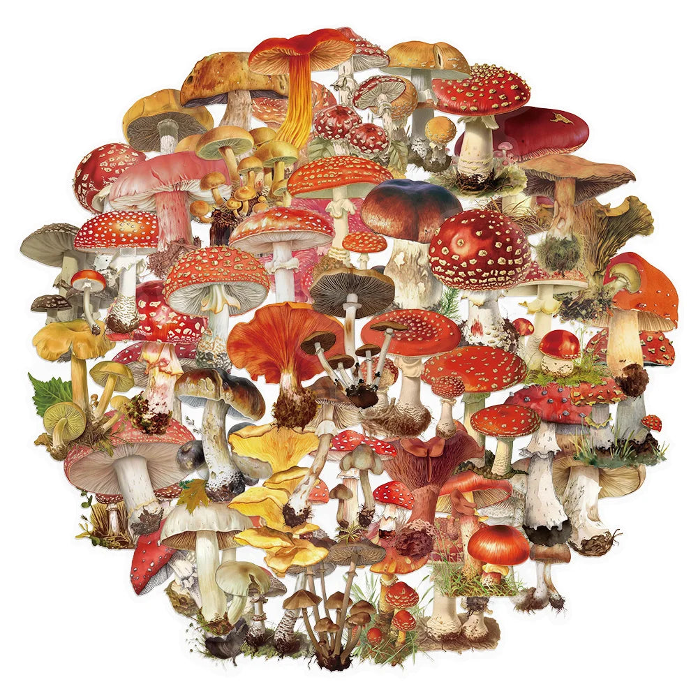 50PCS Retro Mushroom Decorative Cartoon Stickers Fun Stickers DIY Manual Scrapbook Fixed Phone Laptop Stickers Toy
