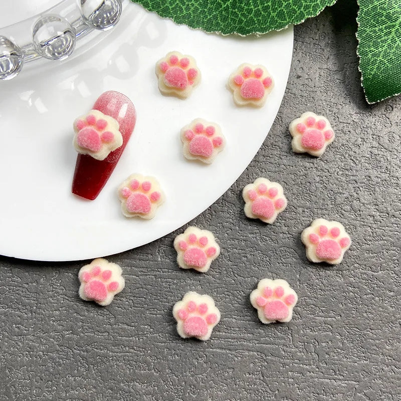 Winter Flocked Cat Paw Cartoon Nail Art Accessories Colorful 3D Bear Paw Resin Nail Charms DIY 10pcs Manicure Decorations Parts