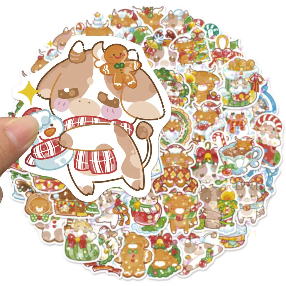50PCS Christmas Cute Shining Little Cow Sticker Manual Laptop Guitar Luggage Bicycle Skateboard Waterproof Sticker Toy