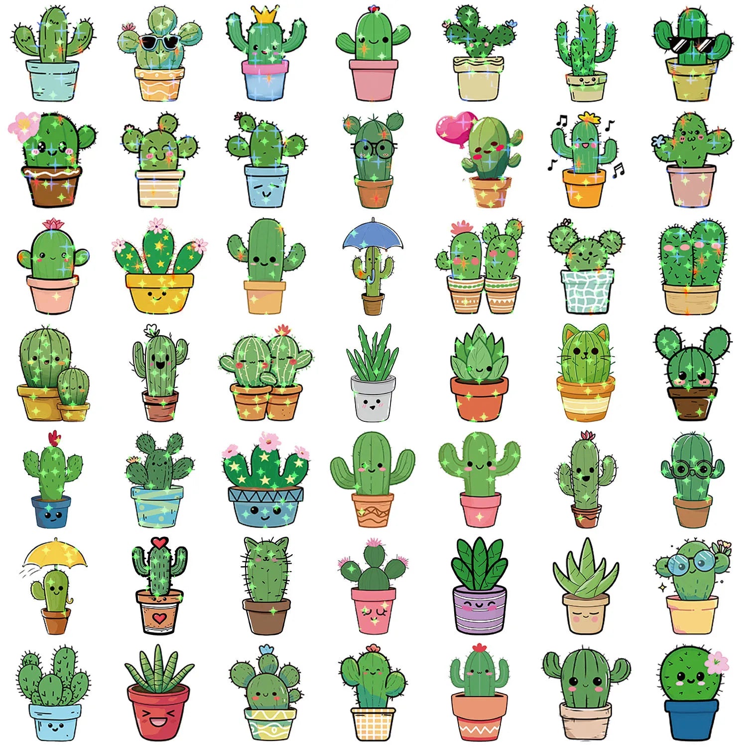 50PCS Holographic Cartoon Cactus Graffiti Stickers Decor Stationery Pen Holder Luggage Notebook DIY Waterproof Children Reward