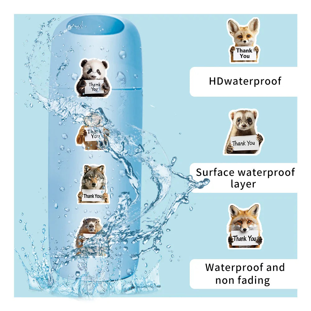 50-Pack Realistic Animal Holding THANK YOU Stickers for Notebook Water Cup Stationery Box Luggage Decoration