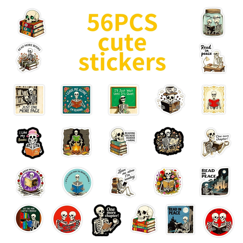 56PCS Skeleton Reading Graffiti Stickers Creative Personalized Cartoon Text Stickers Decorative Guitar Notebook
