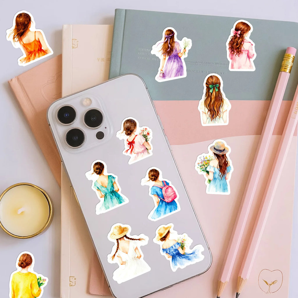 56PCS Watercolor Style Fashion Girl Silhouette Stickers, Office School Supplies Journal Notebook Fridge Aesthetic Sticker
