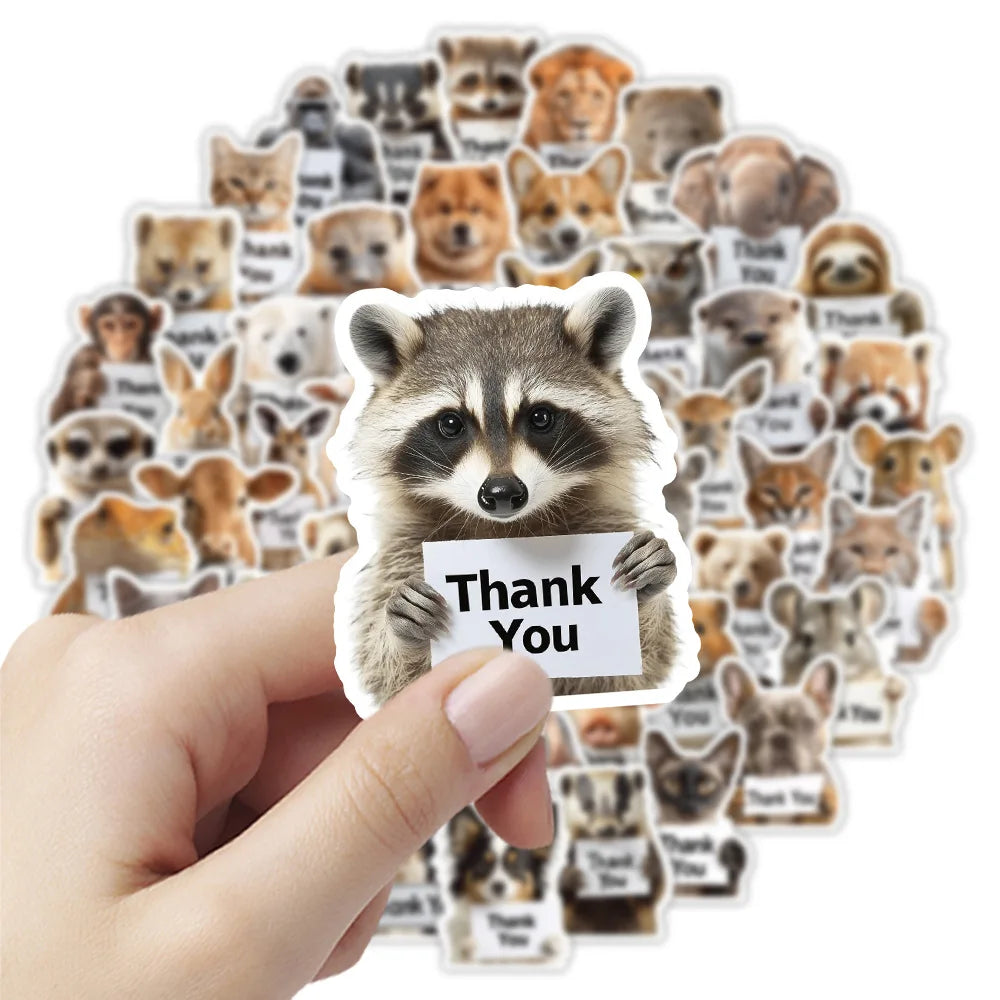 50-Pack Realistic Animal Holding THANK YOU Stickers for Notebook Water Cup Stationery Box Luggage Decoration