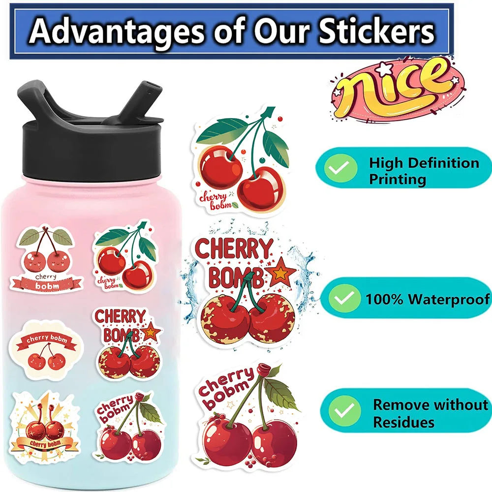 50PCS Red Cartoon Cherry Small Mouth Graffiti Stickers Decorative Guitar Notebook Luggage DIY Waterproof Stickers