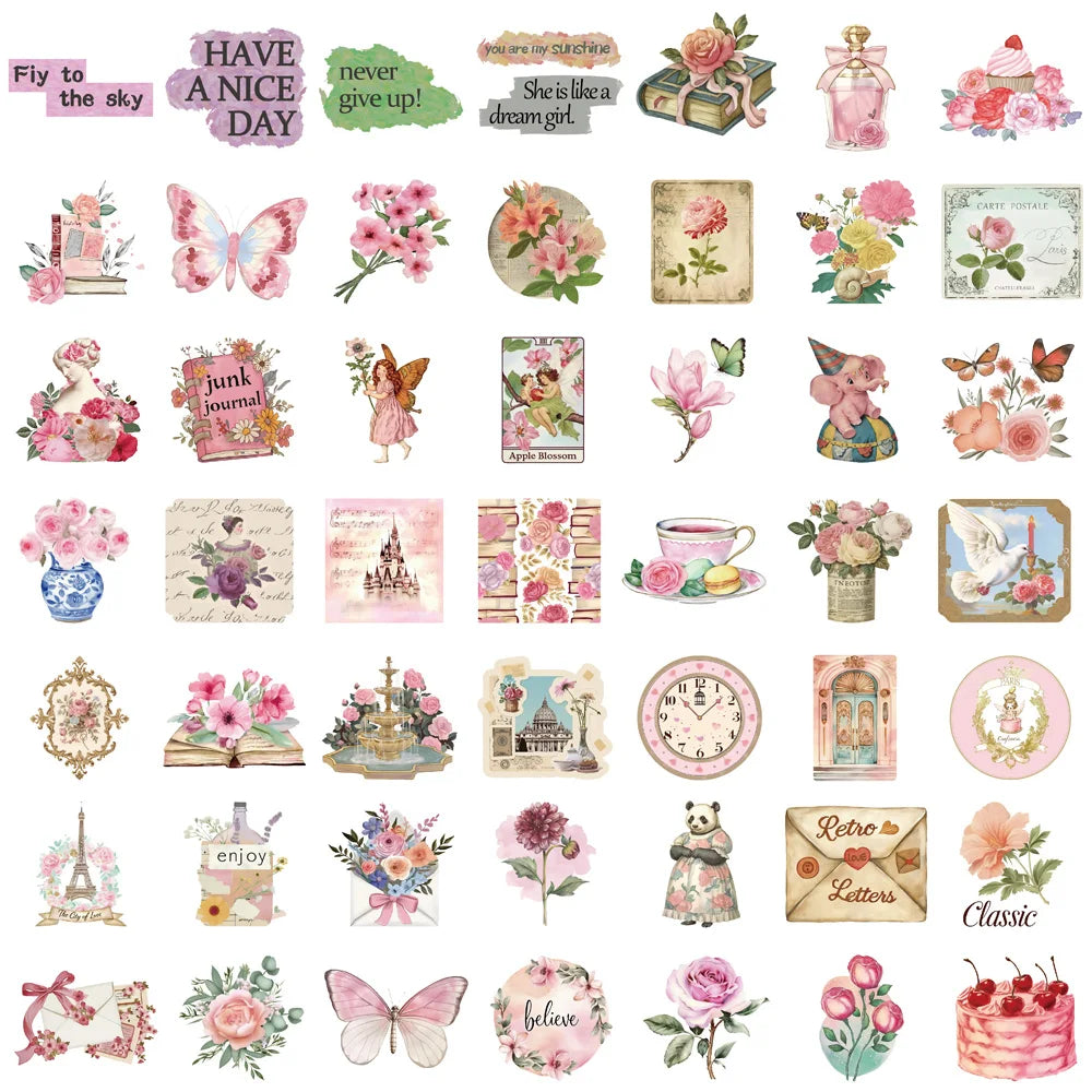 50PCS Retro Pink Collage Doodles Sticker Cartoon Laptop Graffiti Luggage Home Waterproof Art Picture Scrapbook Cartoon Sticker